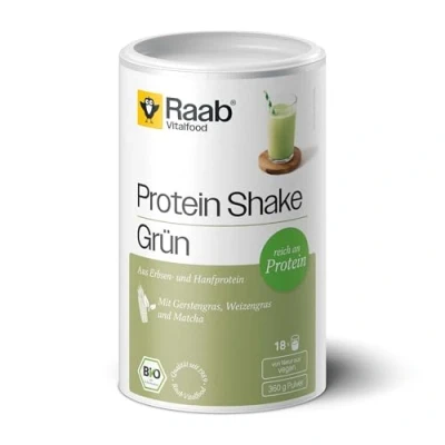 Abbildung von Raab Vitalfood® Bio Protein Shake Grün Pulver (360 g) Grüner Smoothie mit Gerstengras, Weizengras, und Matcha, 60% Proteingehalt, Mischung aus Erbsen Hanfprotein, Vegan,