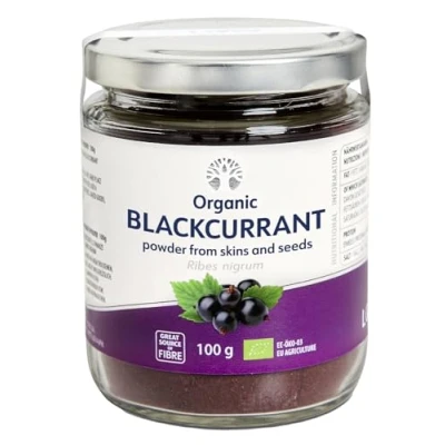 Abbildung von LOOV Schwarze Bio Johannisbeeren Pulver (Tresterpulver), 100 g, hoher Vitamin C Gehalt, nur aus Beerenschalen und kernen, ohne Zuckerzusatz, gewachsen im nordischen Klima Europas