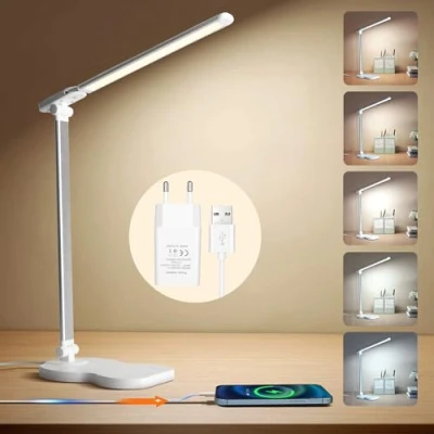 Abbildung von Aisutha Schreibtischlampe LED Dimmbare Tischleuchte 5 Farb und 10 Helligkeitsstufen Nachttischlampe USB Anschluss für Aufladung des Smartphones Kinder, Büro Weiß [Energieklasse G]