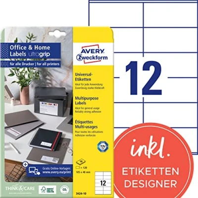 Abbildung von AVERY Zweckform 3424 10 Adressaufkleber (120 Etiketten, 105x48mm auf A4, FSC, bedruckbareAbsenderetiketten, selbstklebende Klebeetiketten mit ultragrip, ideal fürs HomeOffice) Blatt, weiß