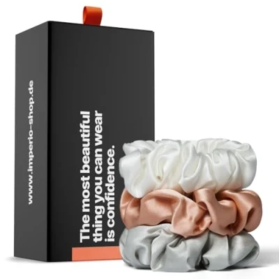Abbildung von IMPERIO Seiden Scrunchies in exklusiver Geschenkbox Premium Haargummis aus 100% reiner Maulbeerseide 22 Momme Qualität sanft zum Haar gegen Haarbruch (Unique)
