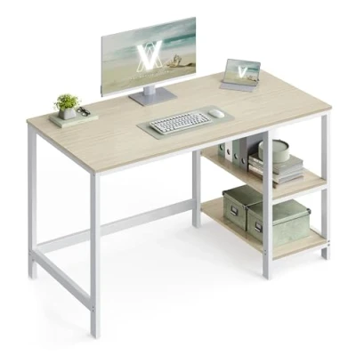 Abbildung von VASAGLE Schreibtisch, Computertisch, PC Tisch, Bürotisch, mit 2 Ablagen auf der rechten oder linken Seite, fürs Büro, Wohnzimmer, Stahlgestell, modern, naturbeige perlweiß LWD047N02
