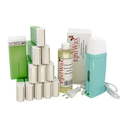 Abbildung von EpilWax Royal Enthaarungsset Komplett mit: Professionellem Wachswärmer,12 Roll On Wachs 100 ml mit Aloe Vera, Enthaarungsstreifen, 1 Flasche 250 Öl nach der Enthaarung (Royal Vera 12