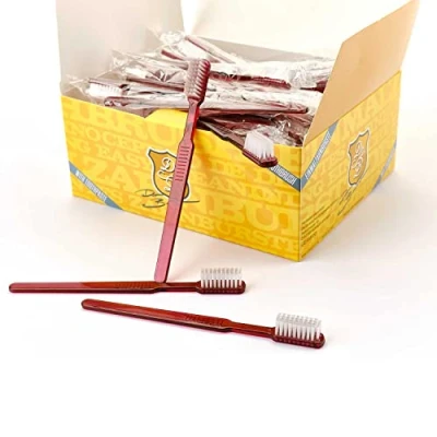 Abbildung von Dr. Bauer&#039;s Einmalzahnbürsten, einzeln verpackt, mit Zahnpasta auf der Bürste, 4 reihigem Bürstenkopf, ideal für unterwegs, Reise oder Zahnarzt Praxis (rot, 100er Pack)