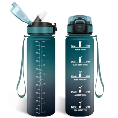 Abbildung von HoneyHolly Trinkflasche 1L mit Strohhalm, Kohlensäure Geeignet, Wasserflasche Sport Zeitmarkierungen, Auslaufsichere und BPA frei, Water Bottle für Fitnessstudio, Radfahren, Laufen