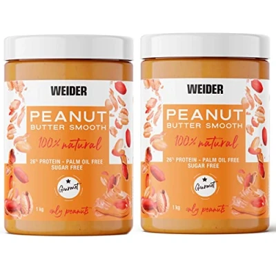 Abbildung von Weider DUO Pack Peanut Butter Smooth. 100% Erdnüsse. natürlich. vegan. lecker. Natürliche Proteinquelle. 26% Protein. Ohne Zusätze. Palmöl. Zuckerzusatz. Cremige Textur. 1kg