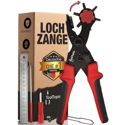 Abbildung von Lochzange für Leder [KOMPLETTSET], Locheisen Lochstanzer als Werkzeug, Papier, Gürtel Locher, oder Lochstanze Stoff, Biothane, Kunstleder etc. Hole Puncher mit Komforthebel