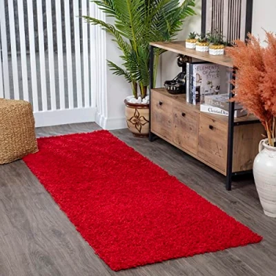 Abbildung von Surya Home Shaggy Berber Teppich Läufer Flauschiger für Wohnzimmer, Schlafzimmer, Langflor Hochflor Weiss flauschig 80x220 cm Flur in Rot