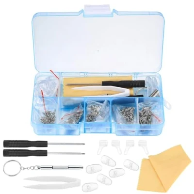 Abbildung von Brillen Reparatur Set, 500 Stück Werkzeug mit kleinen Schrauben Muttern, Silikon Nasenpads, Pinzette, Mikro Schraubendreher, Reinigungstuch, für Brillen, Sonnenbrillen