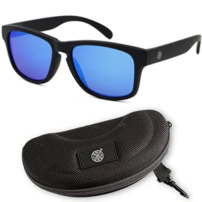 Abbildung von LMAB Schwimmende Polbrille, Polarisationsbrille zum Angeln, Modell Sclera verspiegelt mit Etui und Tasche, Farbe Black/Sky Blue Revo 84