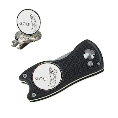 Abbildung von Crestgolf Golf Divot Tool Avec Bouton Pop up et Marqueur de Balle Magnétique Pitch Mark Mini Outil Portable Pliable Léger(black2)