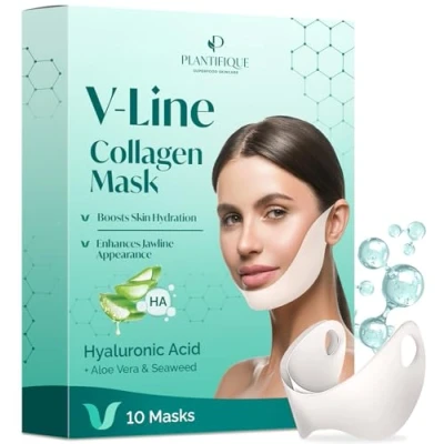Abbildung von Plantifique Gesichtsmaske V line Hyaluron Face Mask 10er Set Tape Doppelkinn Vegan Masken Beauty Jawline Korean Kinn Straffen mit Mikrokollagen Komplex