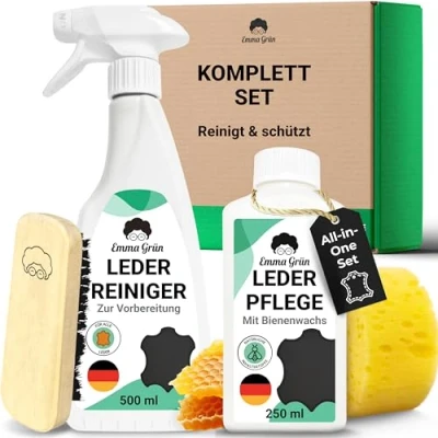 Abbildung von Emma Grün® Lederreiniger &amp; Lederpflege Auto Reinigungsset [MIT BIENENWACHS] für Glatt Kunstleder Alcantara Reiniger Autositze Ledercouch Sofa aus Deutschland