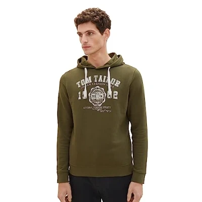 Abbildung von TOM TAILOR Herren 1039896 Basic Hoodie mit Logo Print, 13050 Olive Night Green, L