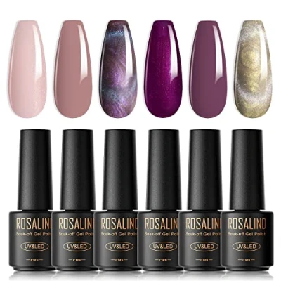 Abbildung von ROSALIND UV Nagellack, 6 Farben Mini Cat Eye Nagellack Set Nackt Hellrosa Glitzer Shellac Soak Off Nail Polish French Manicure für Frauen Mutter Geschenkset DIY zu Hause