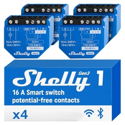 Abbildung von Shelly 1 Gen3 4 Pack WLAN Smart Schalter Relais mit Trockenkontakt Lichtschalter Hausautomation Kompatibel Alexa &amp; Google Home iOS Android App Kein Hub erforderlich