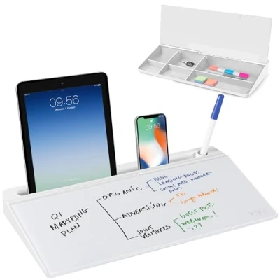 Abbildung von VIVO Whiteboard aus Glas, 40,6 x 17,8 cm, trocken abwischbar, mit Stauraum, Schreibtisch Organizer versteckten Fächern und Geräteschlitz, DESK WB16A