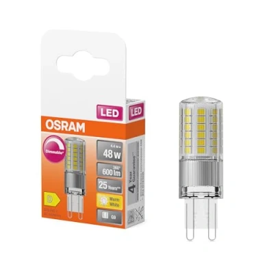 Abbildung von Osram LED PIN Lampe aus klarfarbenem Kunststoff, mit 4.4 W für 600 lm, warmweißes Licht 2700 K, multicolor, Retrofit Stecksockel G9, CRI 80, EEK D, dimmbar.