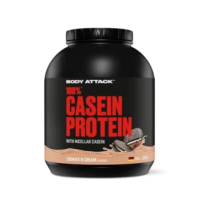 Abbildung von Body Attack 100% Casein Protein Cookies n Cream, 1,8 kg Eiweißpulver reich an essentiellen Aminosäuren Muskelaufbau und Erhalt, Low Sugar für Sportler, Athleten &amp; Figurbewusste