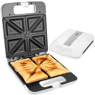 Abbildung von Clatronic ST 3629 Sandwichmaker, elektrischer Sandwich Toaster, 4 Scheiben Maker, dreieckige Sandwichplatten (antihaftbeschichtet), automatischer Temperaturregler, 1200 Watt, weiß