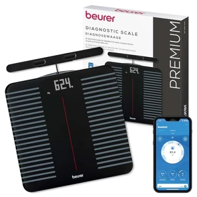 Abbildung von Beurer BF 990 Körperfettwaage mit Handsensoren, Digitale Personenwaage App Anbindung via WIFI/Bluetooth, 25 Messwerte inkl. Körperfett &amp; Muskelmasse, Überkreuzmessung 8 Elektroden, 180 kg