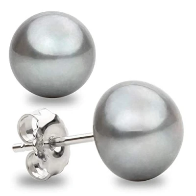 Abbildung von Damen Perlenohrringe Grau Süßwasser Zuchtperlen Knopfform Farbe SECRET &amp; YOU Perlen Ohrstecker Sterling Silber 925 Erhältlich in 4 Größen von 8 11 mm