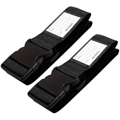 Abbildung von OW Travel Kofferband Gurt Schwerlast Personalisierter Koffergurt mit Adressschild: Luggage Strap Koffer Gurte Gepäckgurt Band Koffergurte farbig 2 Stück Schwarz