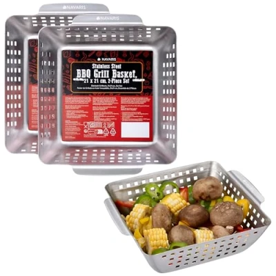 Abbildung von Navaris Edelstahl Grillschale 2er Set Grillkorb Gemüse Grillpfännchen Für Grill Schale Hervorragende Hitzespeicherung alle Grilltypen 21x21