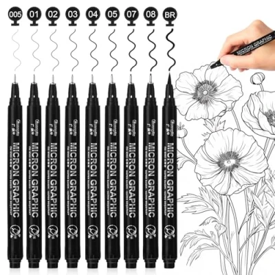 Abbildung von Surcotto Fineliner Schwarz, 9 Stück set, Handlettering Stifte, Wasserfest Tuschestifte zum Skizzieren, Permanent Pigment Liner Bullet Journal Künstler Illustration, Tchnische Zeichnung