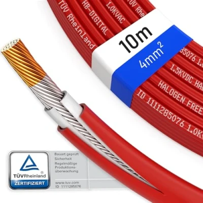 Abbildung von hb digital 10m Solarkabel 4mm² H1Z2Z2 K TÜV Rheinland geprüft UV beständig flexibel PV Kabel Reines Kupfer 1500V Verlängerungskabel Photovoltaik für Solarpanel Laderegler rot