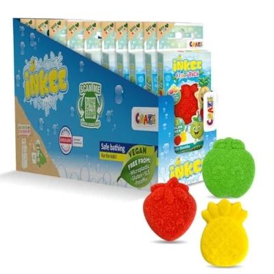 Abbildung von INKEE FRUITY Mini Pack 30 Badekugeln, Badebomben Kinder mit 3 verschiedenen Fruchtformen Apfelgrün; Erdbeerrot; Ananasgelb, Jojobaöl und Fruchtgummi Aroma