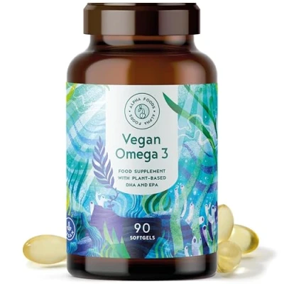 Abbildung von Omega 3 Vegan Hochdosiert aus Algenöl 1500mg pro Tagesdosis mit EPA 225mg und DHA 450mg 90 vegane Softgel Kapseln leicht zu schlucken für Veganer geeignet, nachhaltig Alpha Foods
