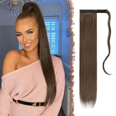 Abbildung von FESHFEN Lang Glattes Pferdeschwanz Haarteil Synthetik Haarverlängerung Zopf Haar Extension für Damen Mädchen, Dunkelbraun &amp; Rotbraun 60 cm