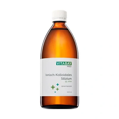 Abbildung von Vitabay Kolloidales Silizium 50 PPM 500 ml Hochdosiert Reinheitsstufe 99,99% Ohne weitere Zusätze Abgefüllt in einer Braunglasflasche Made Germany
