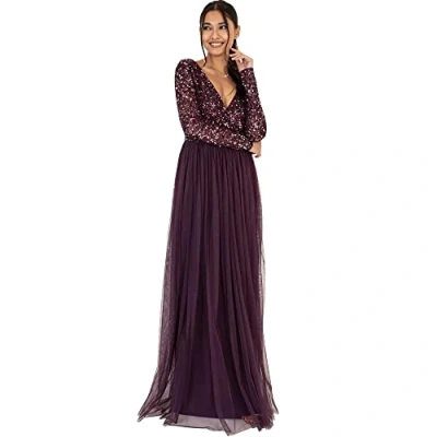 Abbildung von Maya Deluxe Damen Ladies Maxi Dress For Women With Long Sleeves V Neckline Plunging Sequin Embellished Wedding Gue Kleid, Berry, 42 EU