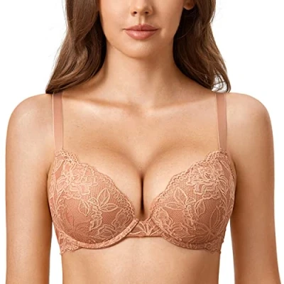 Abbildung von DOBREVA Damen Push Up BH Mit Spitze Gepolstert Plunge Bügel Vollschalen BHS Gemoldete Cups Sahnekaffee 80C