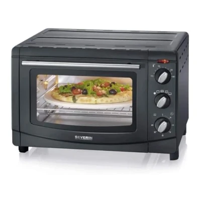 Abbildung von SEVERIN Back und Toastofen mit Umluftfunktion, Mini Backofen Grillrost, Backblech, Drehspieß Pizzastein, vielseitiger Heißluftofen 20 L Kapazität, 1.500 W, schwarz, TO 2068