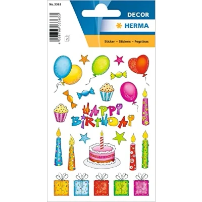 Abbildung von HERMA 3363 Aufkleber Geburtstag Glitzer, 46 Stück, Geschenk Sticker mit Happy Birthday Schriftzug Luftballons Kerzen Kuchen Torte, Kinder Geschenkaufkleber für Glückwünsche Herzlichen Glückwunsch Deko