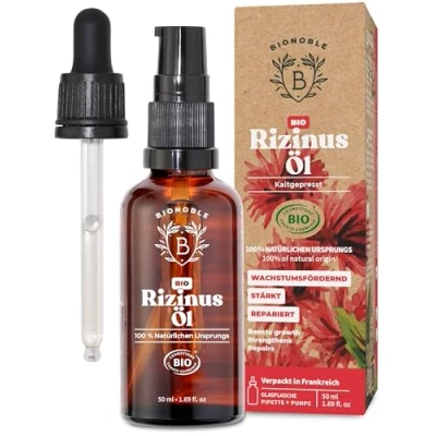 Abbildung von Bionoble Rizinusöl Bio 50ml 100% Rein, Natürlich, Kaltgepresst Wimpern, Augenbrauen, Haare, Bart, Nägel Vegan und Cruelty Free Castor Oil Glasflasche + Pipette Pumpe