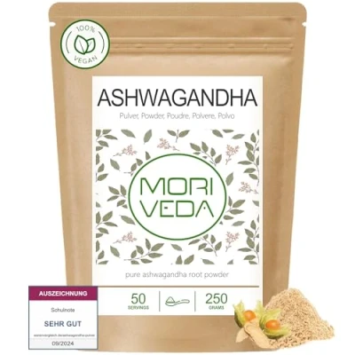 Abbildung von Ashwagandha Pulver 100% Wurzelpulver fein gemahlen hochwertige indische Schlafbeere vegan und glutenfrei Superfood von MoriVeda 250g