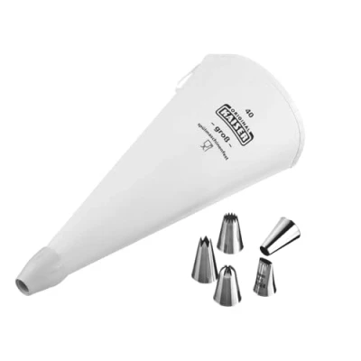 Abbildung von Original Kaiser La Forme Plus Spritzbeutel Set 7 teilig, wiederverwendbar groß mit Tüllen, Adapter, 5 Spritztüllen, kochfest, Schneidehilfslinie, Weiß /Silber