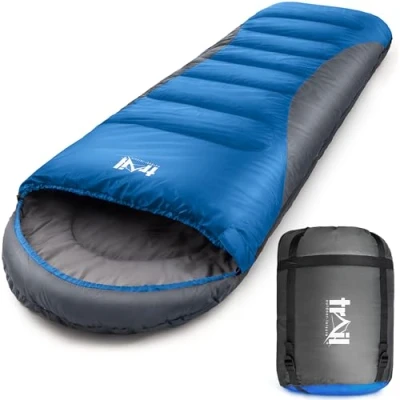 Abbildung von Trail Alpine Schlafsack Mit Kapuze Wahlweise 250 g oder 400 als 3 Jahreszeiten und 4 Leicht, Kleines Packmaß Kompressionssack (Blau)