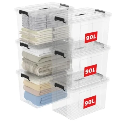 Abbildung von Cetomo 90L*6 Aufbewahrungsboxen, Tragbare Plastikboxen mit Deckeln, Organizer Behälter Griff und Clips, Stapelbar, Ineinander Nestbar, für Zuhause Büro, Transparent, 90L 6er Pack