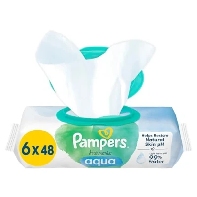 Abbildung von Pampers Harmonie Aqua Feuchttücher 6 Packungen mit jeweils 48 Feuchttüchern 288 Feuchttücher, die helfen, den natürlichen pH Wert der Haut wiederherzustellen, leichte Lotion 99% Wasser