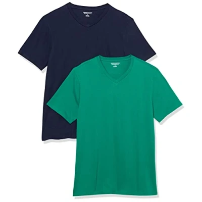 Abbildung von Amazon Essentials Herren Kurzärmelige T Shirts mit V Ausschnitt, 2er Pack, Marineblau/Smaragdgrün, S