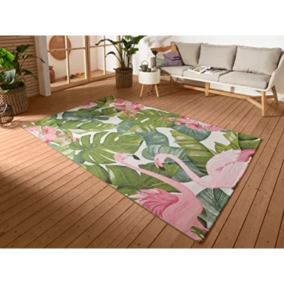Abbildung von Hanse Home Tropical Flamingo In &amp; Outdoor Teppich Flachgewebe, Jungel Florales Palmen Design, ÖKO TEX Wetterfest UV beständig für Balkon, Terrasse, Garten, Wohnzimmer Bunt, 160x235cm
