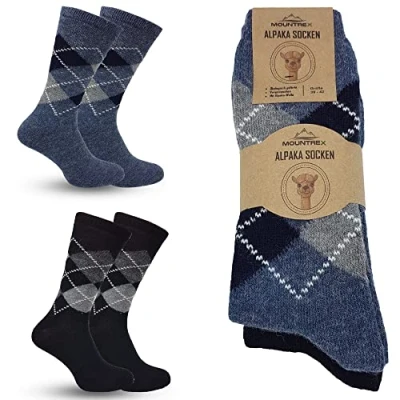 Abbildung von MOUNTREX Alpaka Socken, Wollsocken für Damen, Herren Warme Wintersocken 2 Paar, Jeans/Schwarz (Karo Dünn), 35 38