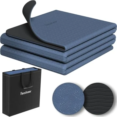Abbildung von Faltbare Yogamatte für unterwegs, zweifarbige Yogamatte, 6 mm dick, mit Tragetasche, rutschfeste TPE Übungs Pilatesmatte 183CM L x 61CM B