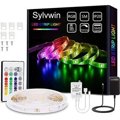Abbildung von Sylvwin LED Streifen 5m RGB, Strip Lichterkette mit Fernbedienung,LED Stripes Lichtband Selbstklebend 16 Farbwechsel,4 Modi für Zuhause,Schlafzimmer,TV,Schrankdeko, Party,SMD 5050 Bänder