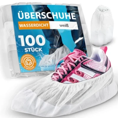 Abbildung von 100x Schuhüberzieher wasserdicht weiß von ISC Hygiene &amp; Safety Überschuhe Verstärkt Extra Stark &gt;9g Rutschfeste Überzieher für Schuhe Einheitsgröße, Überziehschuhe Einweg Mehrweg Galoschen
